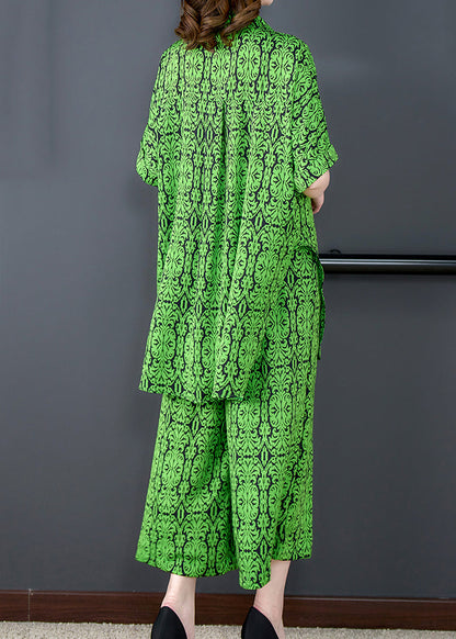 Green Print Tops and Pants Chiffon Two Pieces Set Summer