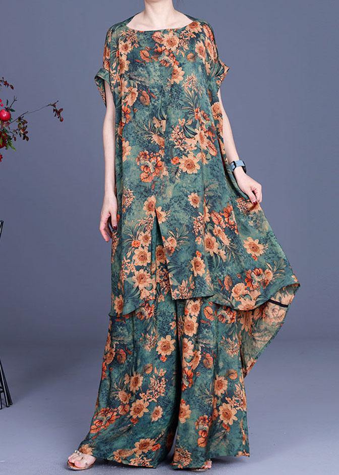 Green Print Asymmetrical Design Silk Wide Leg Two Piece Set Outfits