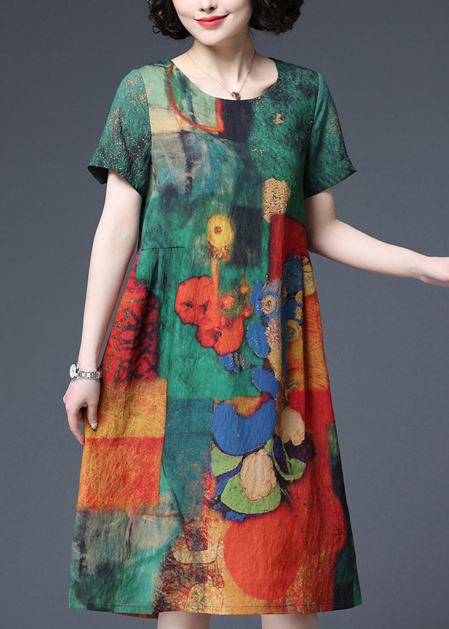 Green Print Wrinkled Cotton Dresses Short Sleeve