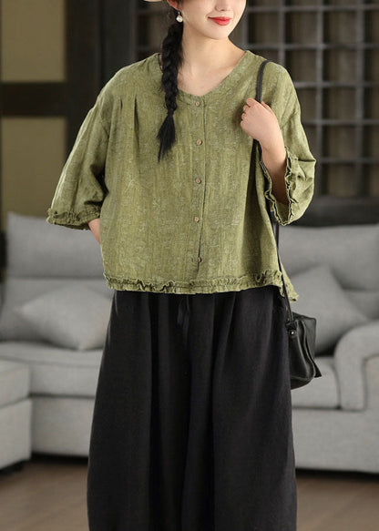 Green Ruffled Jacquard Linen Blouses Bracelet Sleeve