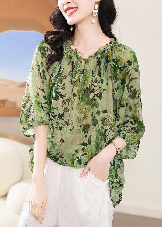 Green Ruffled Lace Up Print T Shirt Bracelet Sleeve
