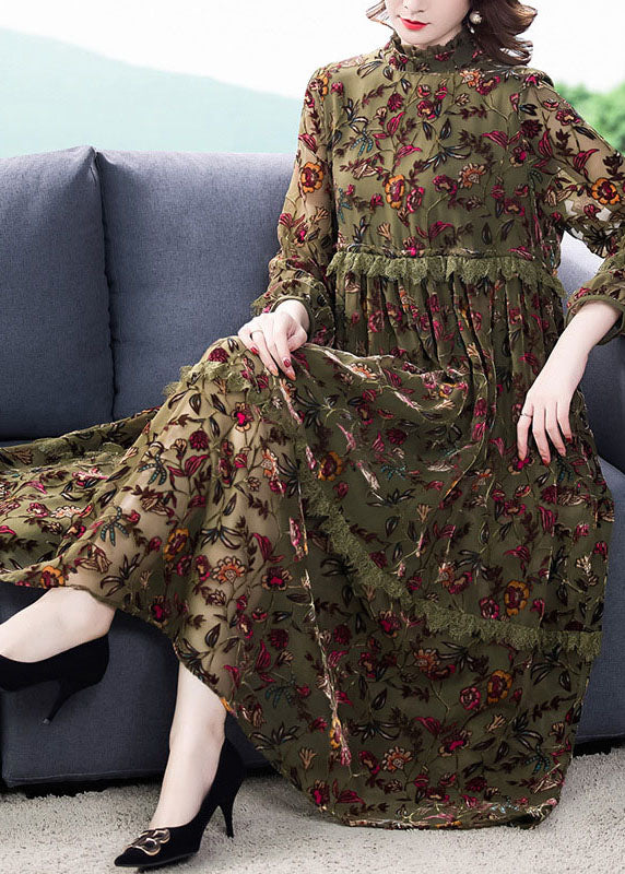 Green Ruffled Patchwork Jacquard Fall Holiday Dress Long Sleeve