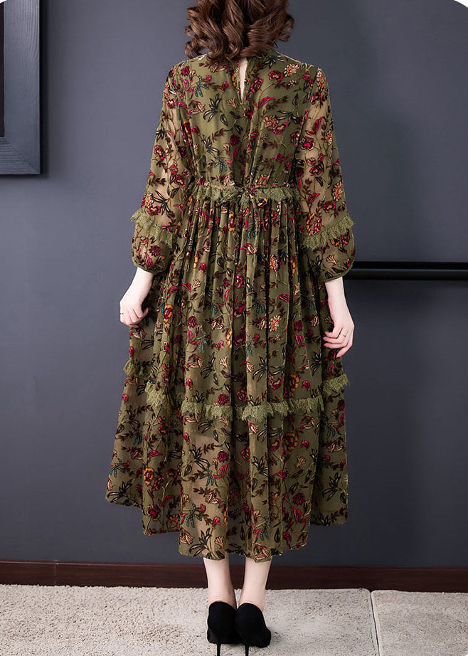 Green Ruffled Patchwork Jacquard Fall Holiday Dress Long Sleeve