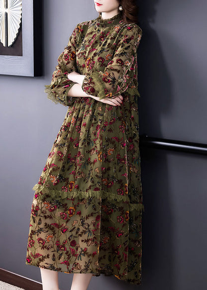 Green Ruffled Print Velour Dresses Spring