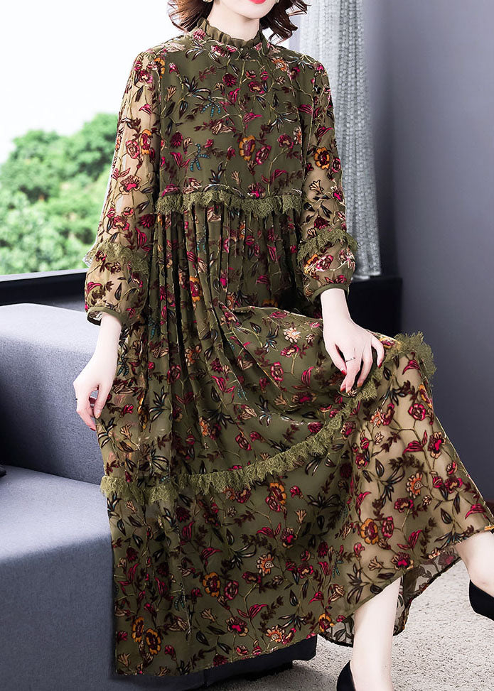 Green Ruffled Print Velour Dresses Spring