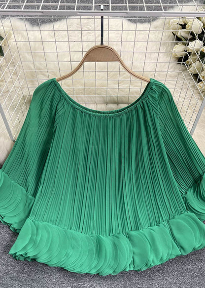 Green Slash Neck Patchwork Chiffon Shirt Tops Summer
