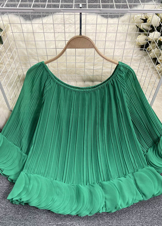 Green Slash Neck Patchwork Chiffon Shirt Tops Summer