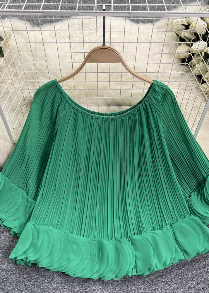 Green Slash Neck Patchwork Chiffon Shirt Tops Summer