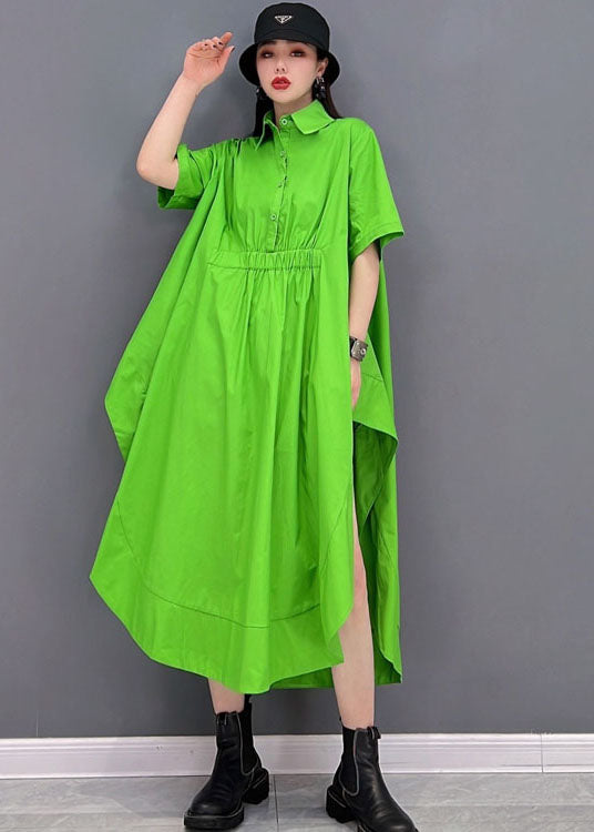 Green Asymmetrical Design Cotton Long Blouse Tops Short Sleeve