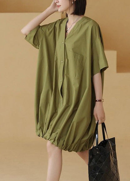 Green Button Cotton Shirts Mid Dress Short Sleeve