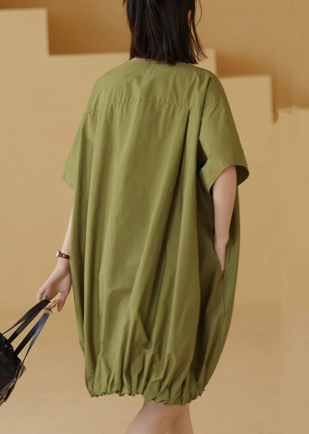 Green Button Cotton Shirts Mid Dress Short Sleeve