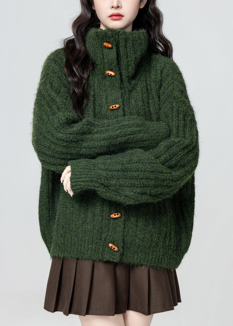 Green Stand Collar Button Cozy Knit Coat Winter