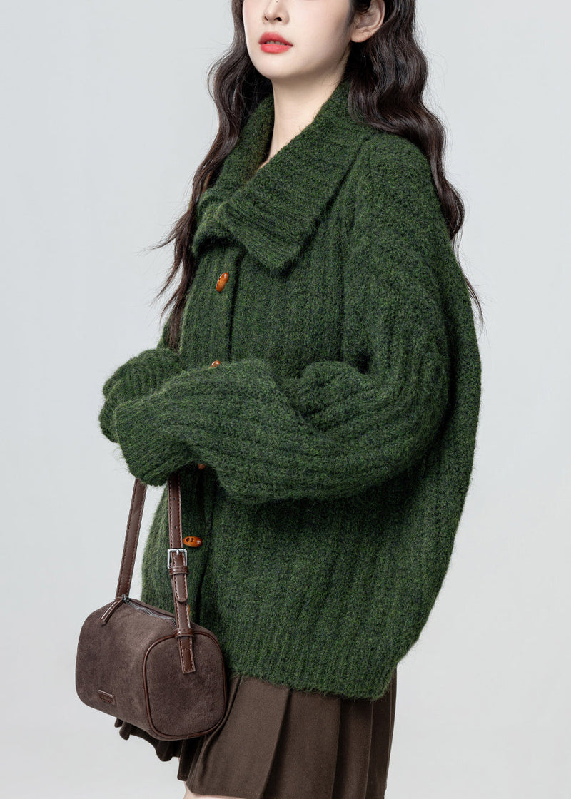 Green Stand Collar Button Cozy Knit Coat Winter