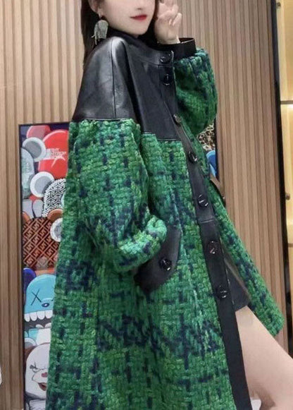 Green Stand Collar Pockets Patchwork Sheepskin Woolen Coat Outwear Spring