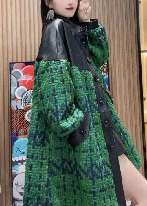 Green Stand Collar Pockets Patchwork Sheepskin Woolen Coat Outwear Spring