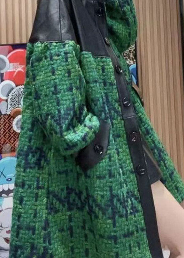 Green Stand Collar Pockets Patchwork Sheepskin Woolen Coat Outwear Spring