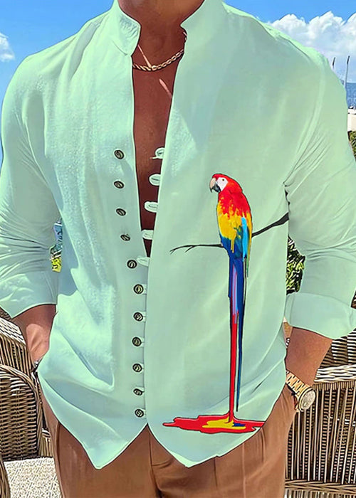 Green Stand Collar Print Button Cotton Shirts Fall