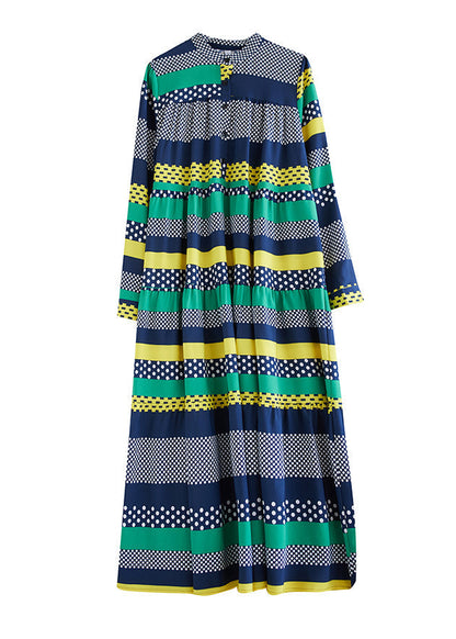 Green Stand Collar Print Patchwork Chiffon Dress Long Sleeve