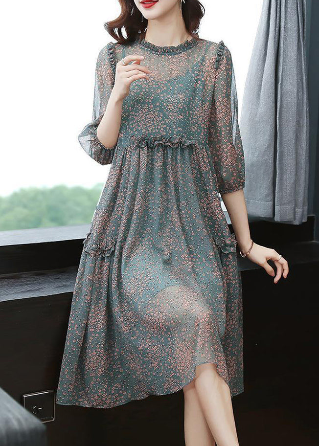 Green Stand Collar Ruffled Print Draping Chiffon Dress Bracelet Sleeve