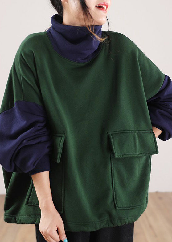 Green Turtle Neck Patchwork Cotton Sweatshirts Tracksuits Winter