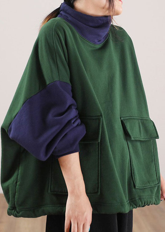 Green Turtle Neck Patchwork Cotton Sweatshirts Tracksuits Winter