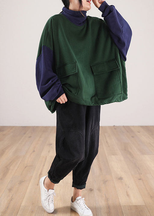 Green Turtle Neck Patchwork Cotton Sweatshirts Tracksuits Winter