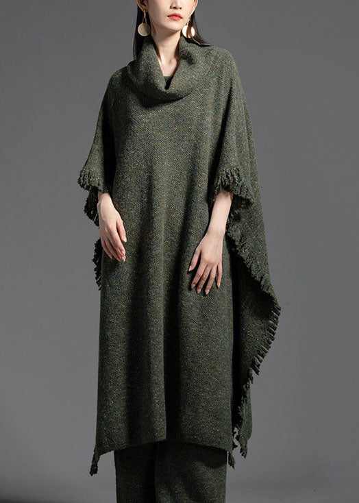 Green Turtle Neck Side Open Wool Knit Dress Winter
