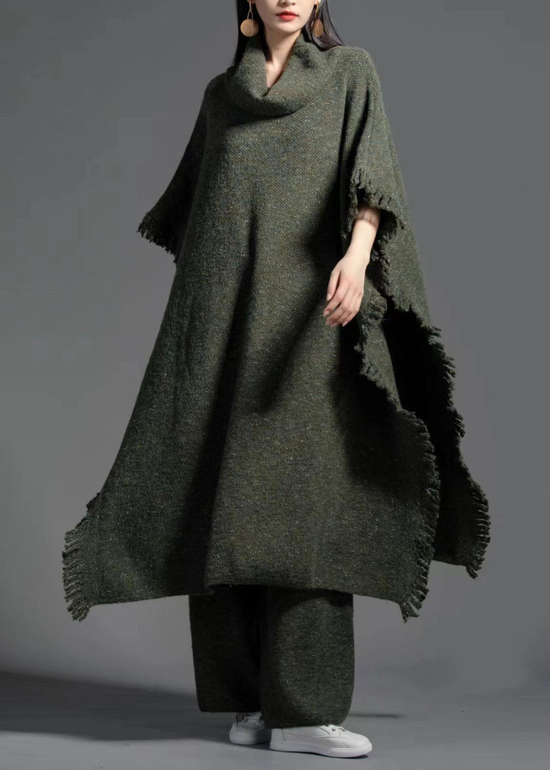 Green Turtle Neck Side Open Wool Knit Dress Winter