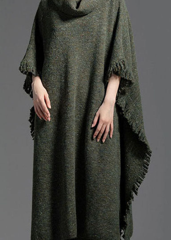 Green Turtle Neck Side Open Wool Knit Dress Winter
