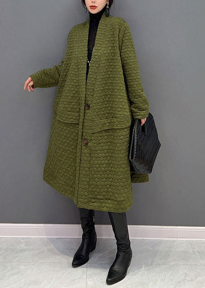 Green V Neck Cotton Filled Exra Large Hem Trench Coat Winter