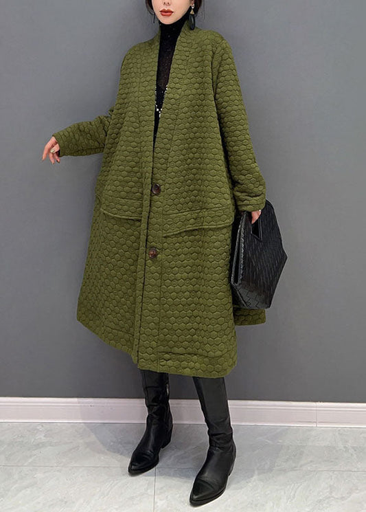 Green V Neck Cotton Filled Exra Large Hem Trench Coat Winter