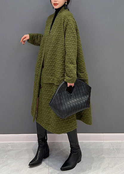 Green V Neck Cotton Filled Exra Large Hem Trench Coat Winter