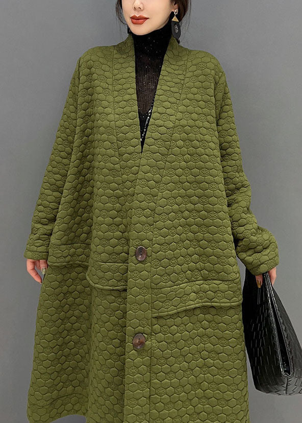 Green V Neck Cotton Filled Exra Large Hem Trench Coat Winter