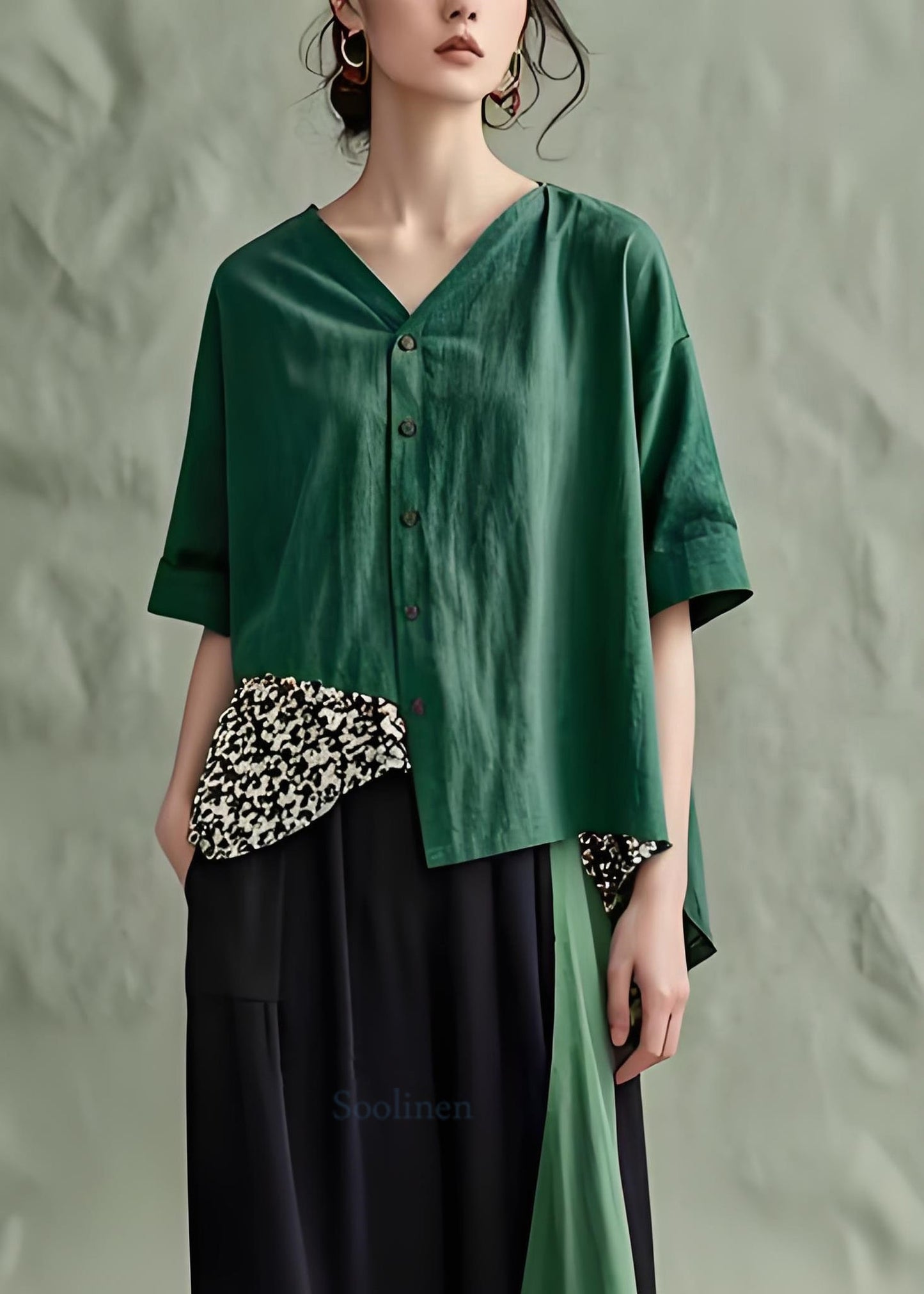 Green V Neck Button Patchwork Cotton Top Summer