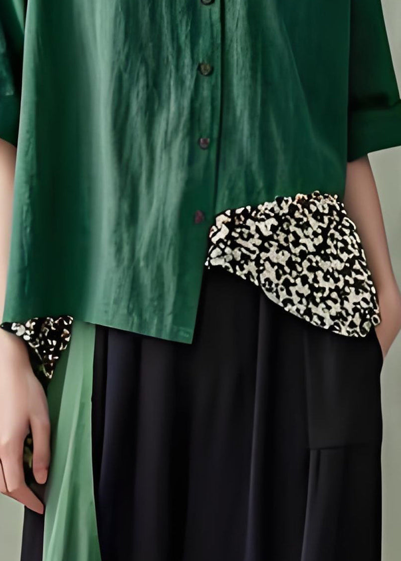 Green V Neck Button Patchwork Cotton Top Summer