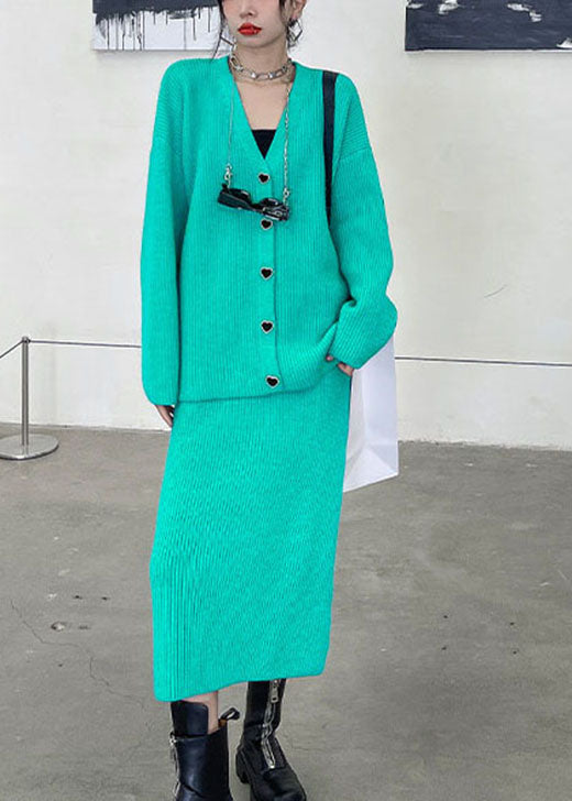 Green V Neck Button Winter Knit Two-piece Set