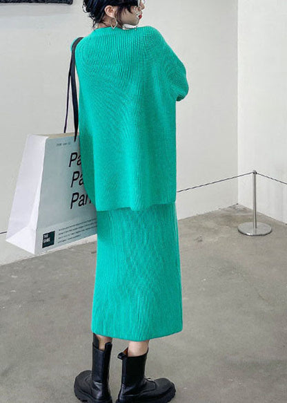 Green V Neck Button Winter Knit Two-piece Set