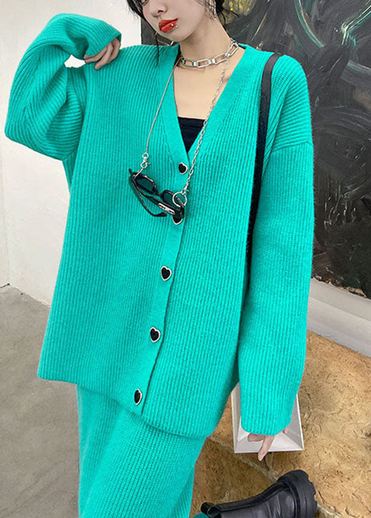 Green V Neck Button Winter Knit Two-piece Set