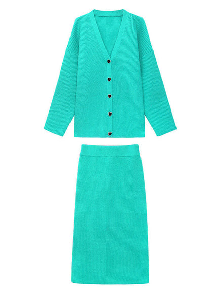 Green V Neck Button Winter Knit Two-piece Set