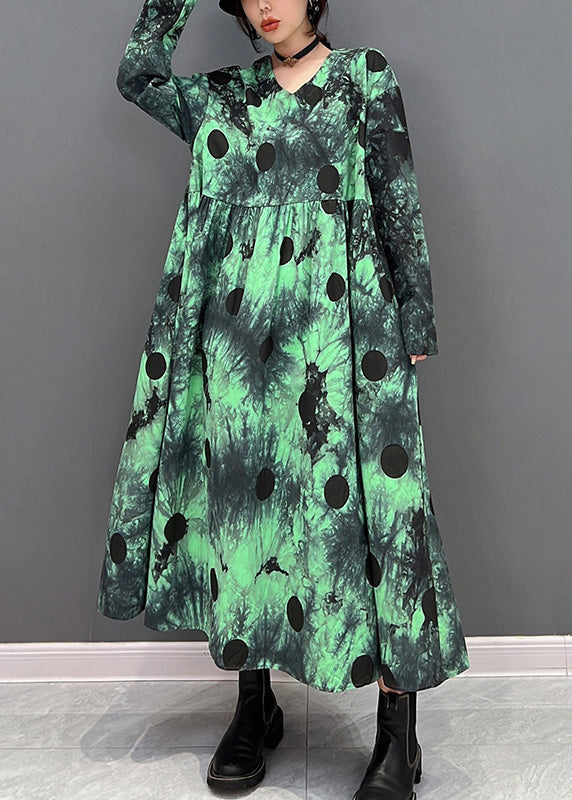 Green V Neck Dot Holiday Maxi Shirts Dress Long Sleeve