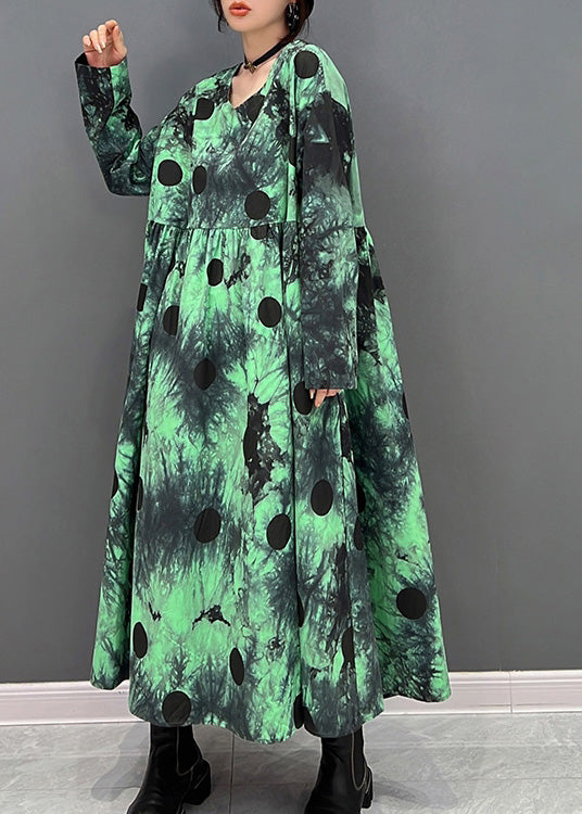 Green V Neck Dot Holiday Maxi Shirts Dress Long Sleeve
