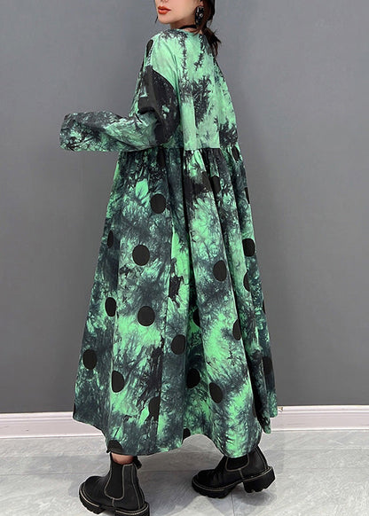 Green V Neck Dot Holiday Maxi Shirts Dress Long Sleeve