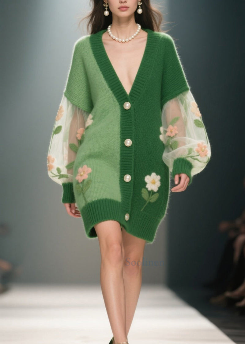 Green V Neck Patchwork Knit Cardigan Fall