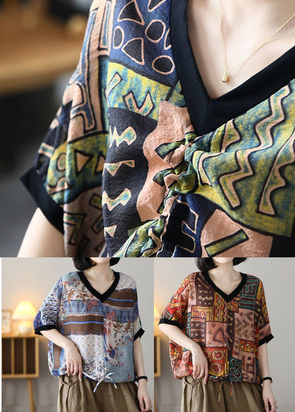 Green V Neck Geometric Print Linen Tanks Short Sleeve