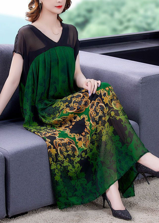 Green V Neck Patchwork Print Chiffon Dresses Short Sleeve