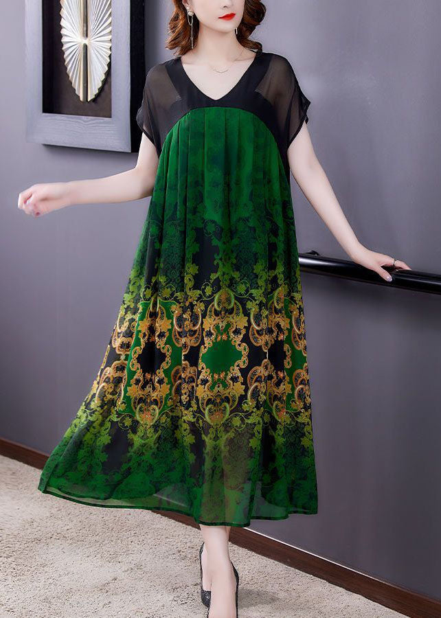 Green V Neck Patchwork Print Chiffon Dresses Short Sleeve