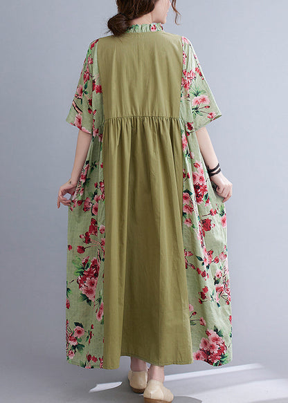 Green V Neck Patchwork Wrinkled Print Long Dresses Short Sleeve
