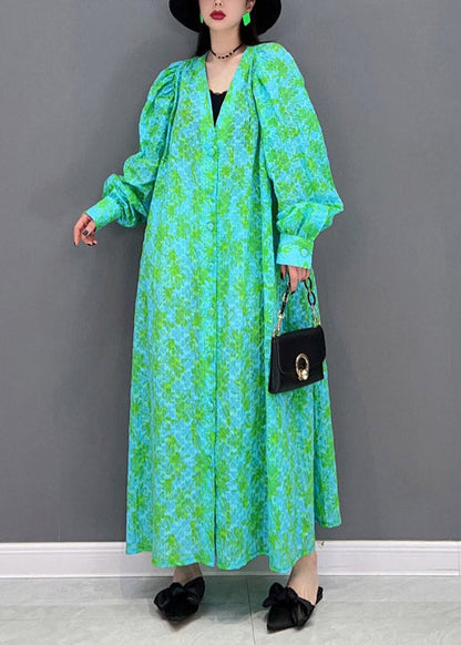 Green V Neck Print Button Shirt Dress Long Sleeve