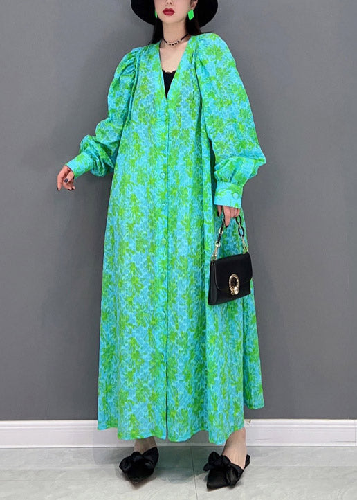 Green V Neck Print Button Shirt Dress Long Sleeve
