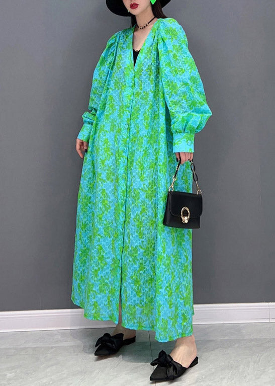 Green V Neck Print Button Shirt Dress Long Sleeve